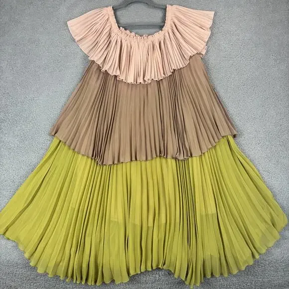 Delfi Collective Paige Dress Large Boho Off Shoulder Colorblock Pleat Retro USA - Picture 2 of 11